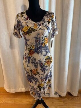VTG Lapis 90s Y2K 100% Silk Floral Bead floral Ruffle Midi Fitted Fairy Dress s